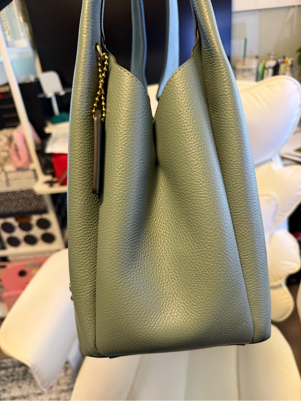 Coach Large Lana Pebbled Leather Shoulder Bag in Sage Green with Gold Accent - Picture 7 of 7